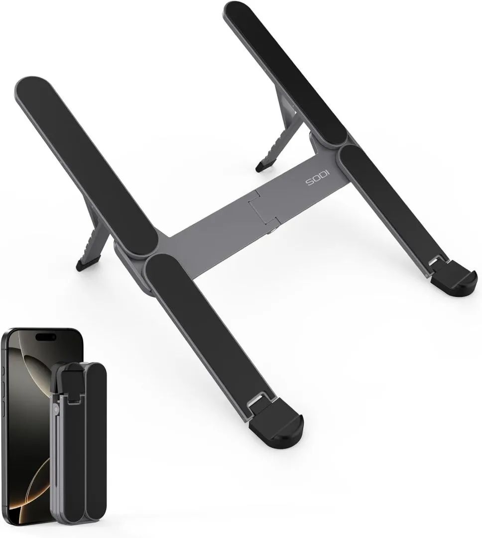 SODI Laptop Stand for Desk - Portable & Foldable Laptop Stand, Adjustable Drawing Tablet Stand for Work, Ergonomic Aluminum Computer Stand Holder for MacBook Pro, Air, iPad, HP, Dell 10-16", Black