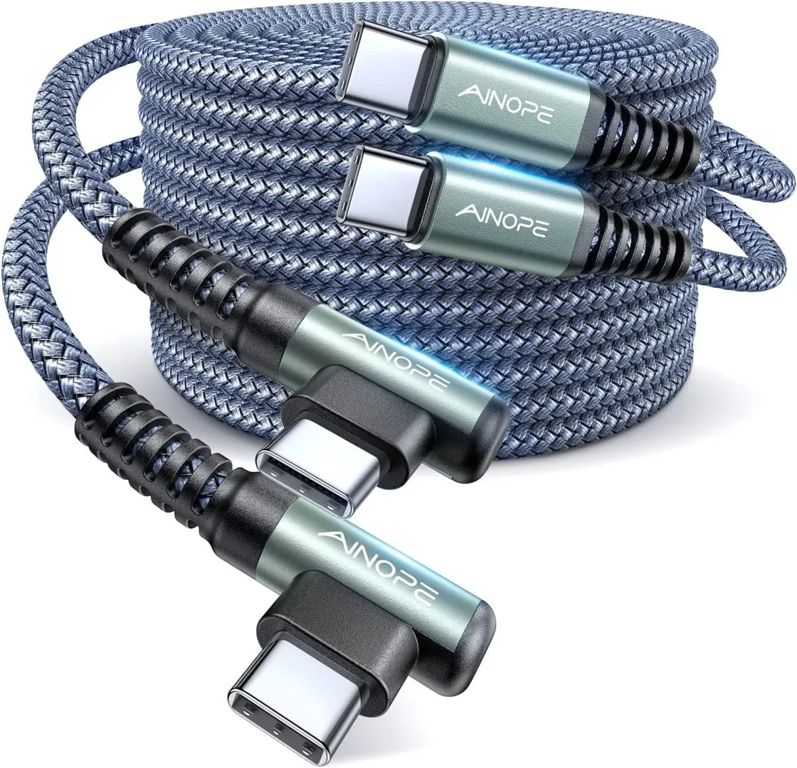AINOPE USB C Cable 60W 2-Pack 6.6ft USB C to USB C Cable Nylon Braided Type C Charger Fast Charging Right Angle USBC Cable Charger Cord for iPhone 16 Pro Max 15 Samsung S25 Ultra S24 iPad Pro MacBook