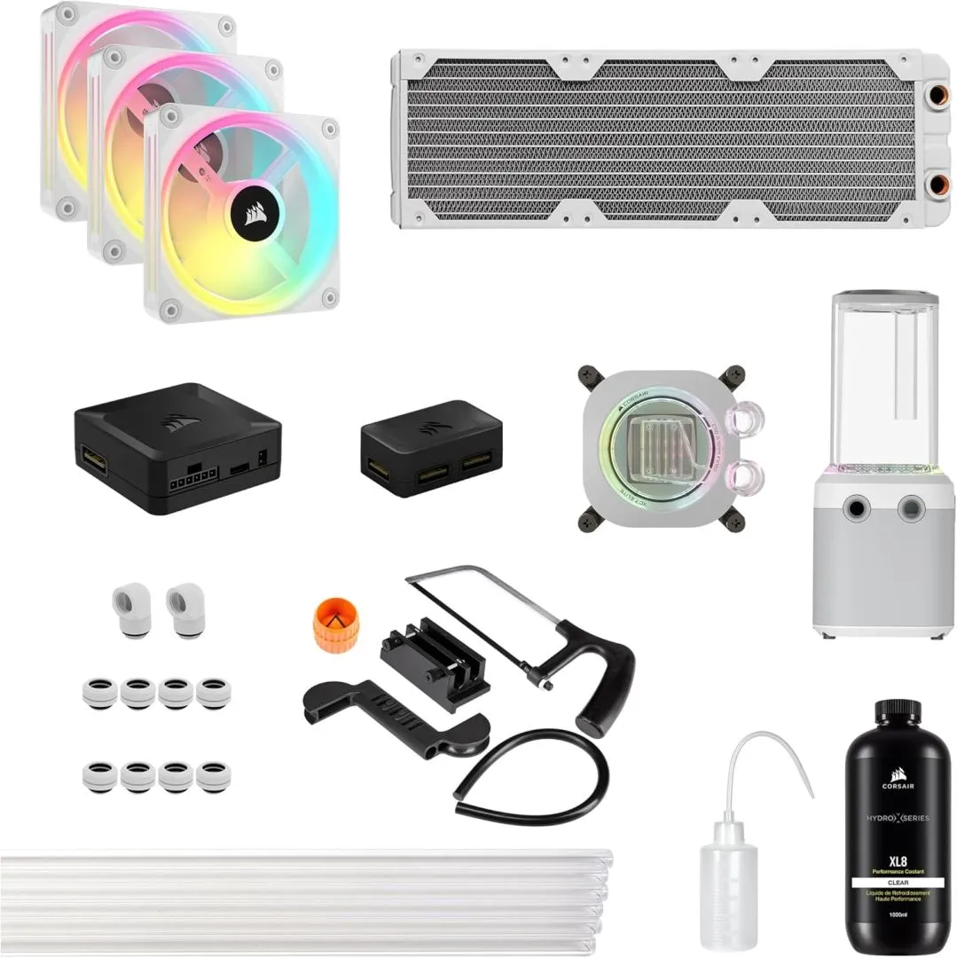 CORSAIR Hydro X Series iCUE Link XH405i Custom Cooling Kit – Hardline Water Cooling Loop – XC7 Elite CPU Water Block – XD5 Elite D5 Pump Res – XR5 360mm Radiator – 3X QX120 RGB Fans – White