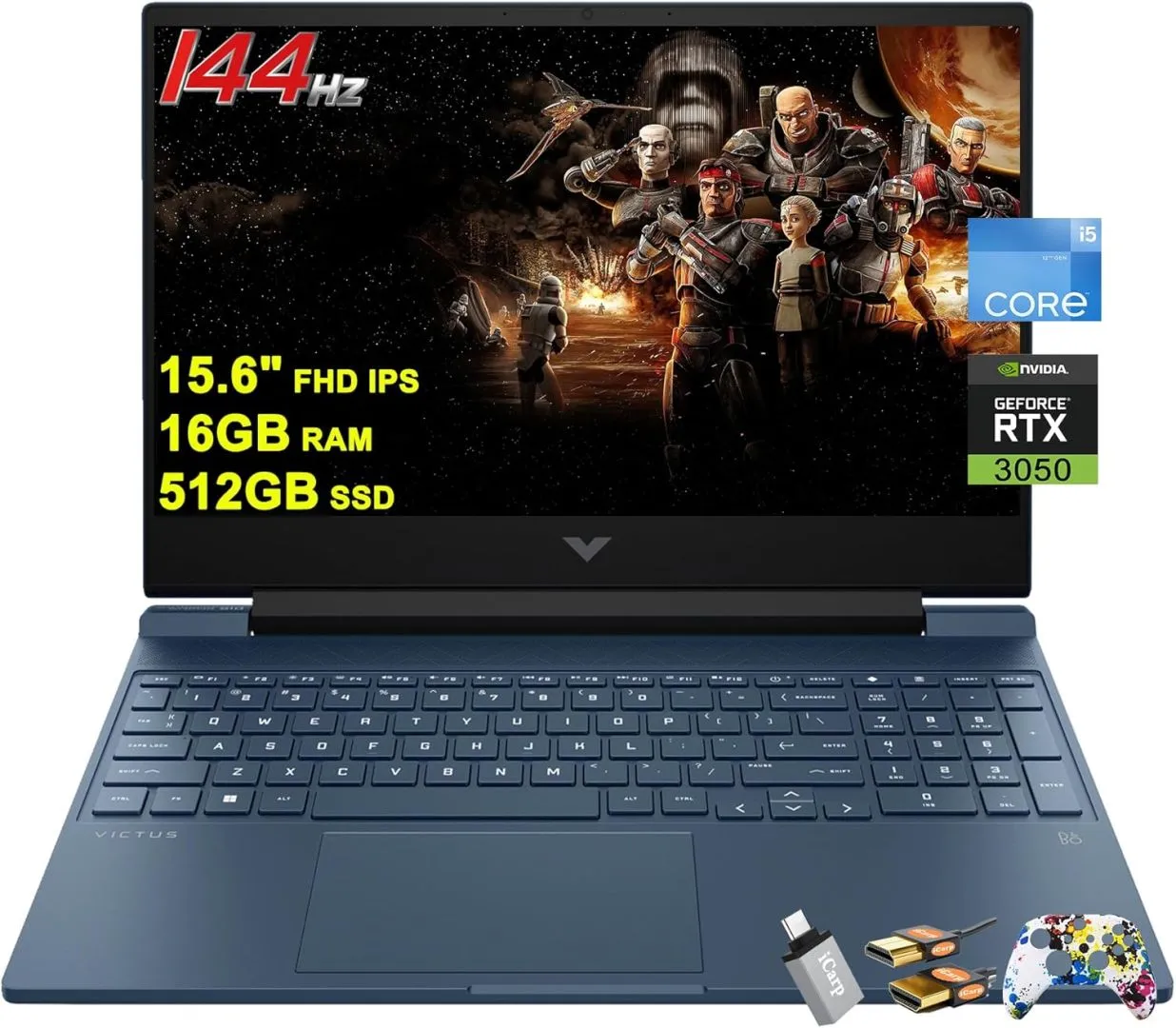 HP Victus 15 Gaming Laptop 15.6” FHD IPS Anti-Glare 144Hz Intel 8-core i5-12450H (Beat i7-11800H) 16GB RAM 512GB SSD GeForce RTX 3050 Backlit B&O Fast Charging Win11 w/ICP Accessory