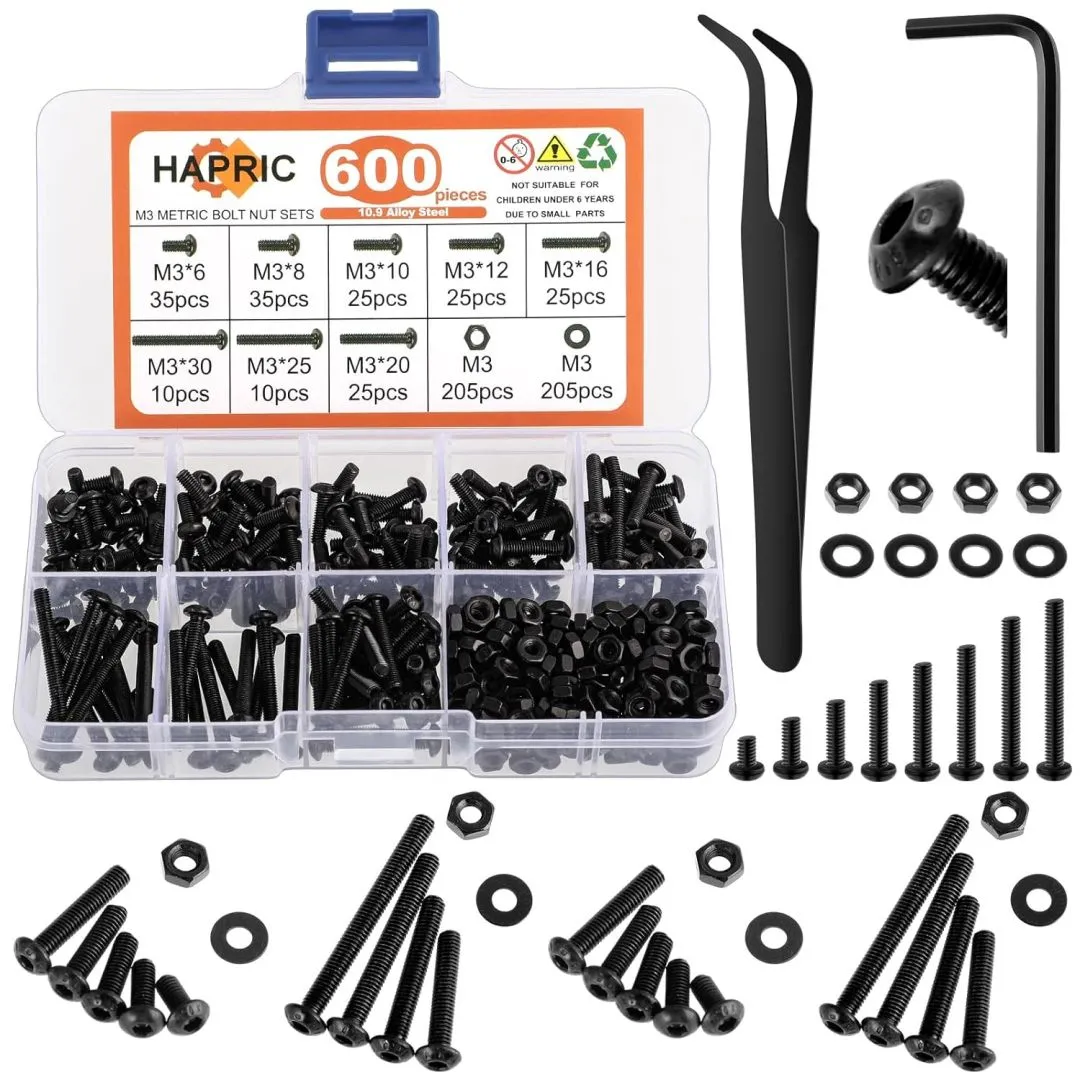 600 Pcs M3 Screws Assortment Kit M3 Screw Kits Nuts and Bolts Assortment Kit Metric Machine Screw Kit, 12.9 Alloy Steel Black Zinc Plated Hex Button Head Screws Nuts Bolts and Washers Set
