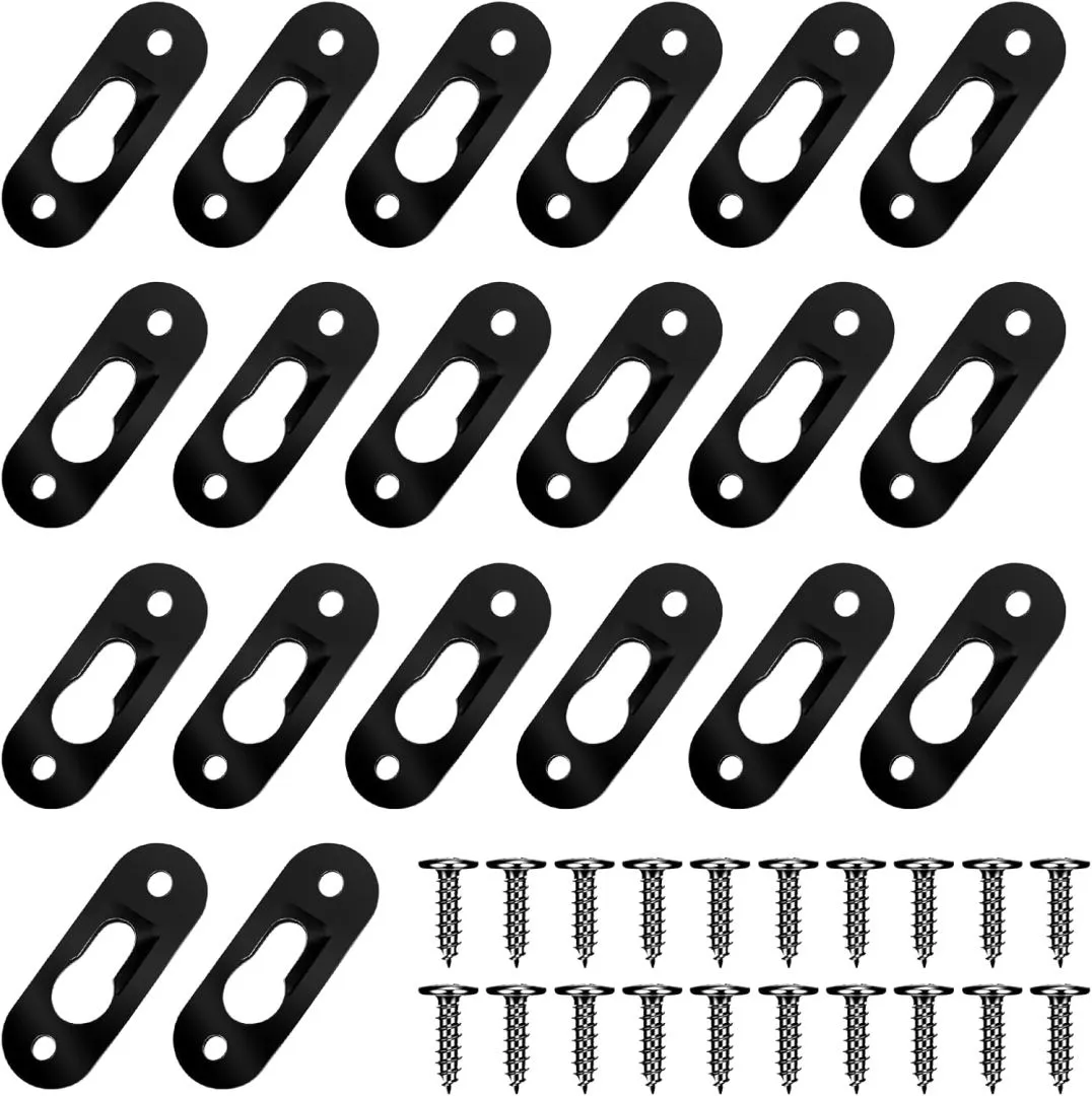 20 Pack Keyhole Hangers, 43x16mm Heavy Duty Metal Hanging Bracket Hardware Picture Fixings Wall Plate Hangers with 40 PCS Screws for Mirror Picture Frame Shelf Hangers Brackets (Black)
