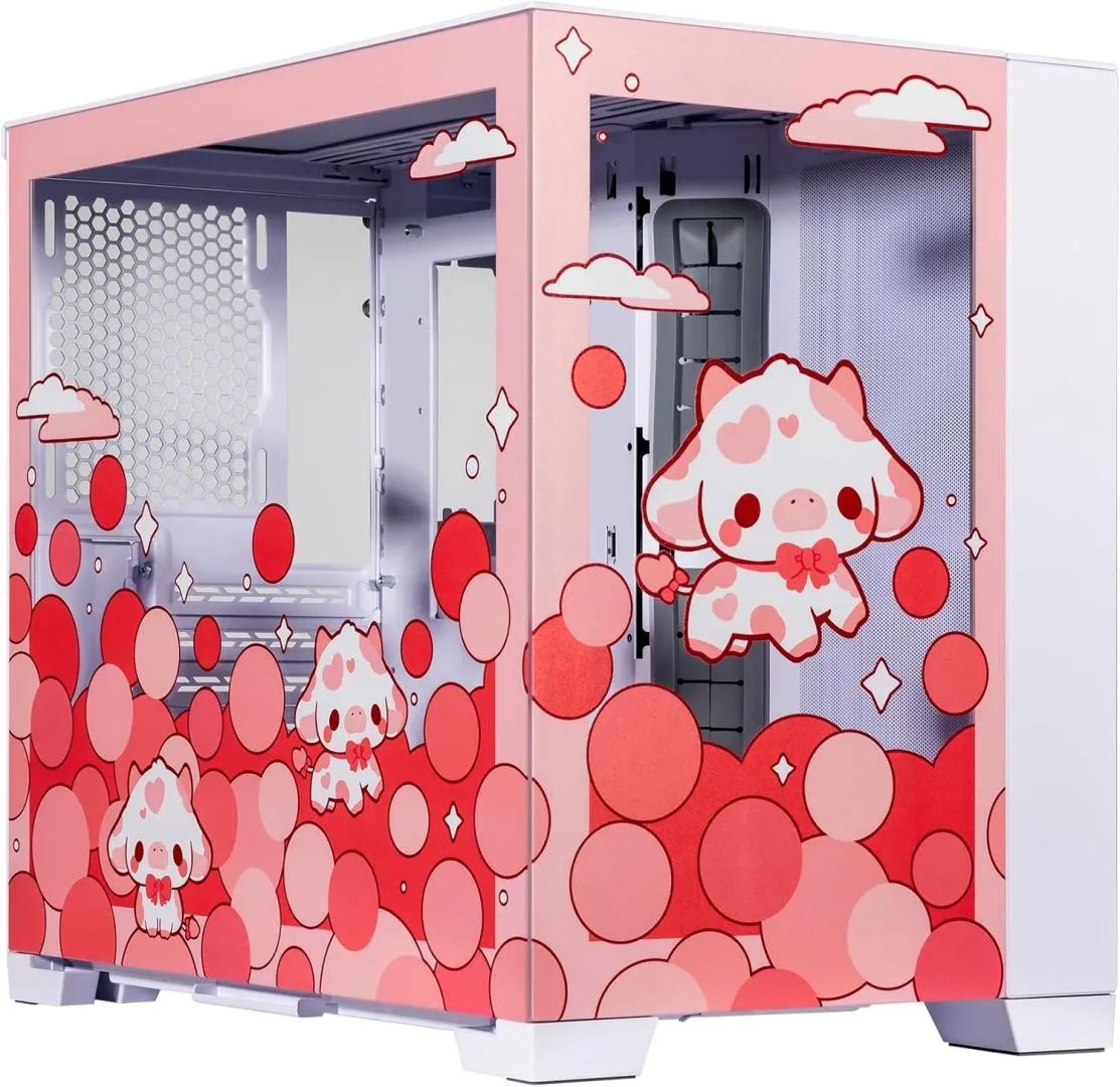 Velztorm Bubble Cow Pink Limited Edition Art Aluminum Tempered Glass O11 Dynamic Mini Snow White Gaming Computer Case, Supports Mini-ITX, Micro-ATX, and ATX Motherboard Sizes, O11D Mini-S