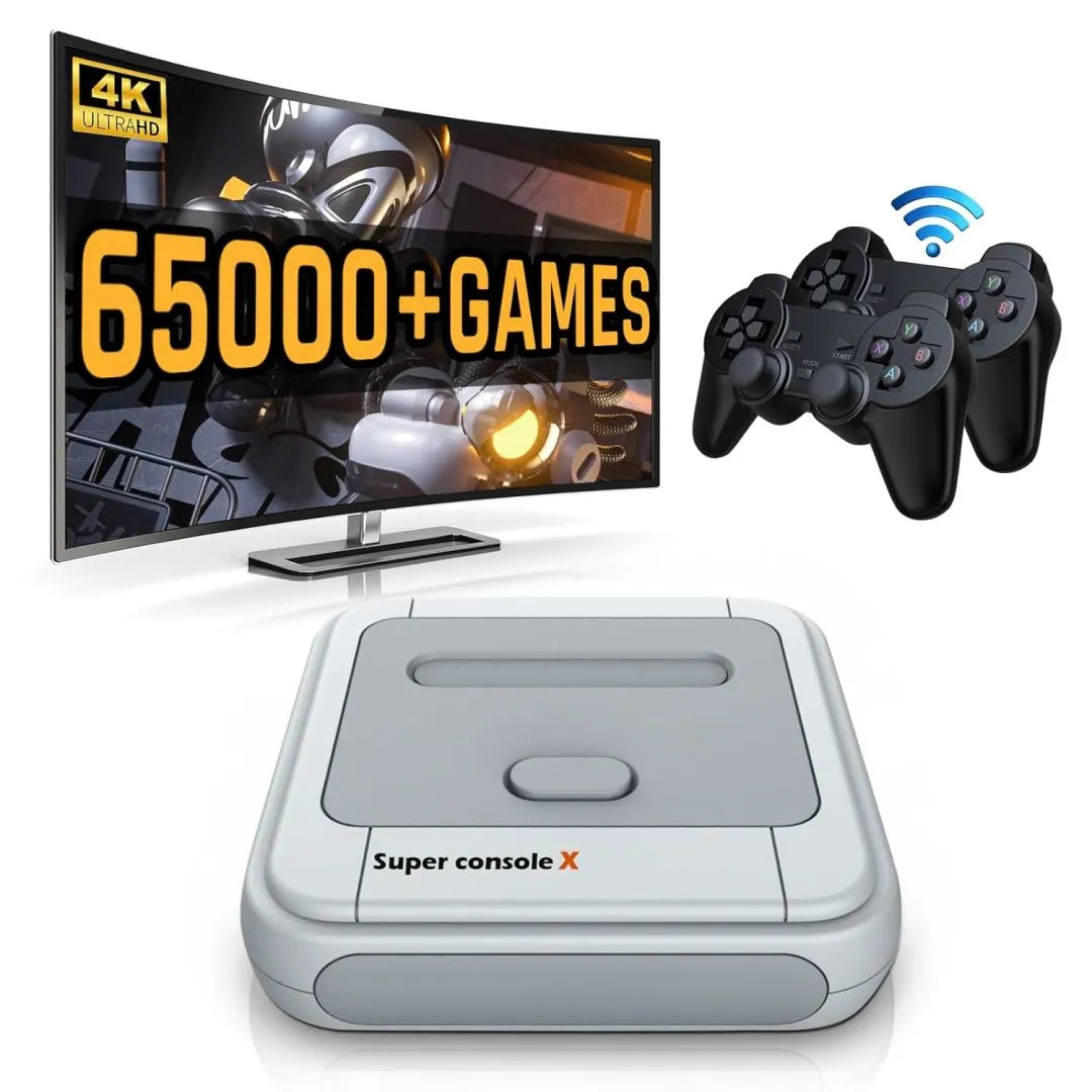 Kinhank Super Console X with 65,000+ Classic Games Retro Video Game Consoles,Emulator Console for HD/AV Output,Compatible with 60+ Emulators, 2 Wireless Controllers,Gift for Holiday