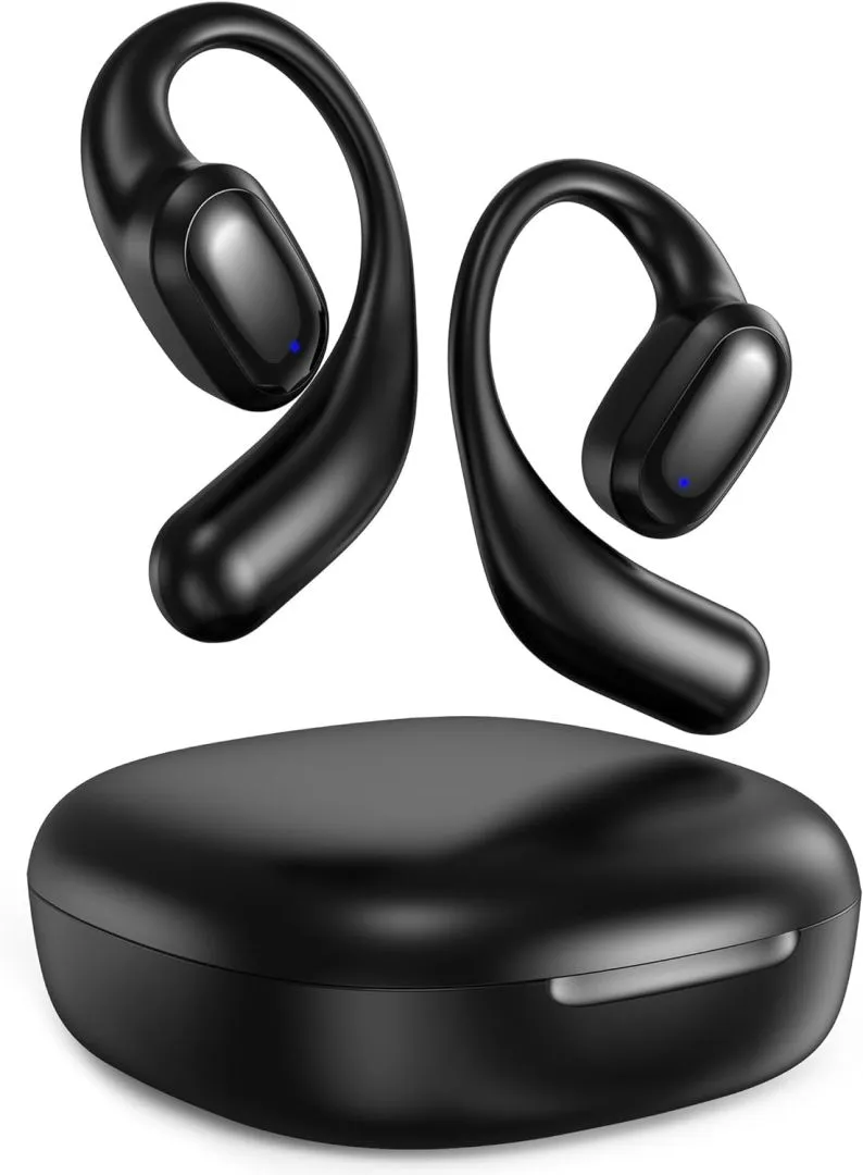 Open Ear Headphones, Bluetooth 5.3 Wireless Earbuds with Earhooks, 60 Hours Playtime, Fast Charging, Sweat Resistant, Sport Earphones with Digital Display Charging Case for Workout Black