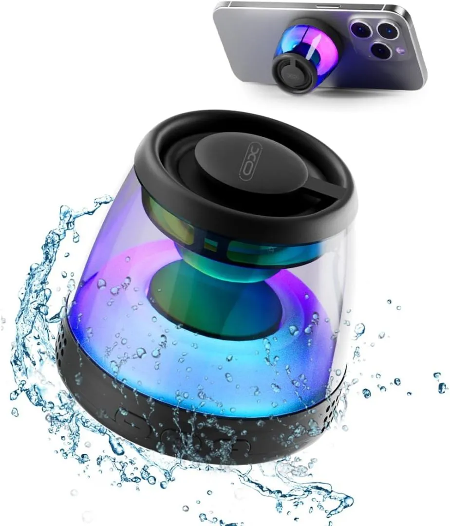 Magnetic Bluetooth Speaker, XO Portable Bluetooth Speaker with RGB Light, Waterproof Wireless Speaker, Phone Stand for iPhone 16/15/14/13/12 Series, Small Speaker for Shower, Outdoor, Birthday Gift