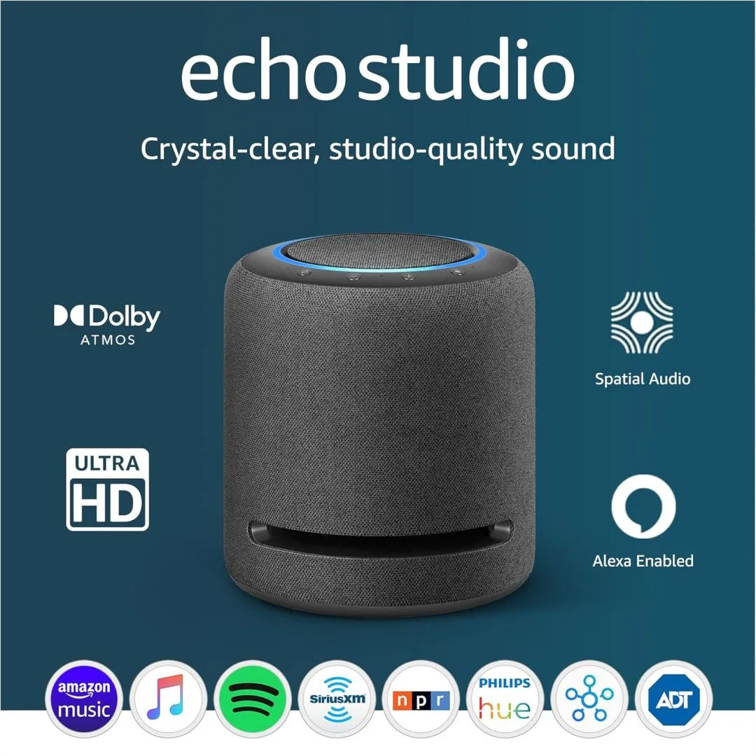 Amazon Echo Studio (newest model), Our best-sounding smart speaker ever - With Dolby Atmos, spatial audio processing technology, and Alexa, Charcoal