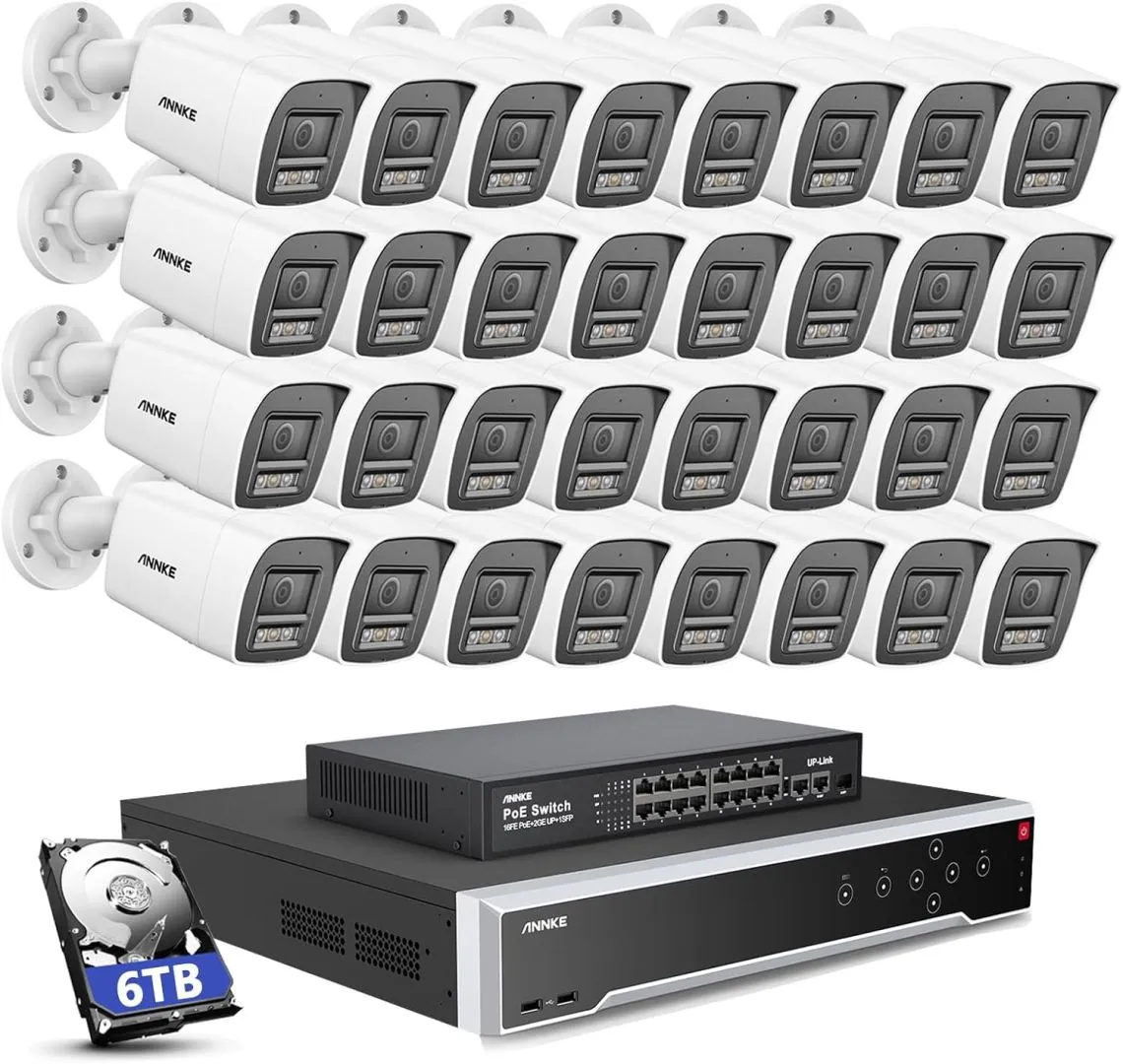 ANNKE 12MP PoE Security Camera System, 16 Ports Expandable 32CH 12MP H.265+ NVR Recorder, 32X 12MP Smart Color Night Vision Wired IP Bullet Cams, Built-in Mic, AI Motion & 1CH Face Detection, 6TB HDD