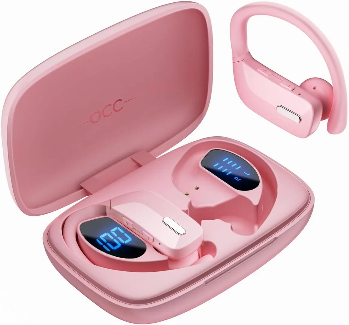 Bluetooth Headphones Wireless Earbuds 48H Playback Stereo Sound Ear Buds Built-in Mic HD Calls Over-Ear Waterproof Earphones with Earhooks Physical Button Control for Sports & Workouts (Pink)