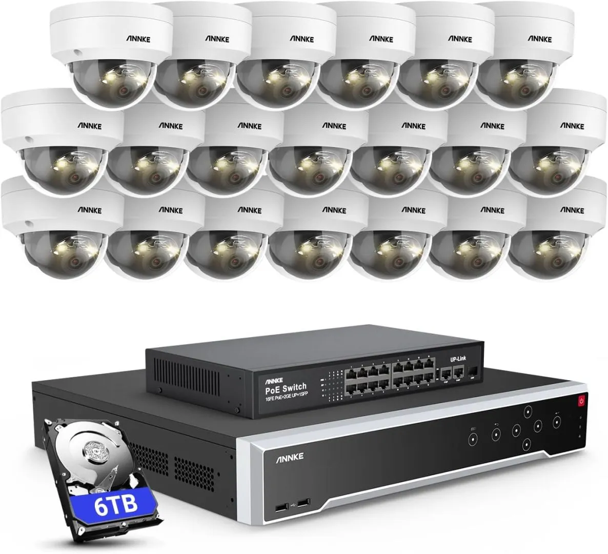 ANNKE 12MP Security Camera System, 16 Ports Expandable 32CH 12MP H.265+ NVR Recorder, 20X 12MP Color Night Vision Wired IP Dome Cams, Built-in Mic, AI Motion & 1CH Face Detection, NOT PTZ, 6TB HDD