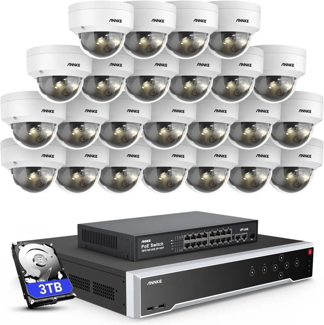 ANNKE 12MP Security Camera System, 16 Ports Expandable 32CH 12MP H.265+ NVR Recorder, 24X 12MP Color Night Vision Wired IP Dome Cams, Built-in Mic, AI Motion & 1CH Face Detection, NOT PTZ, 3TB HDD