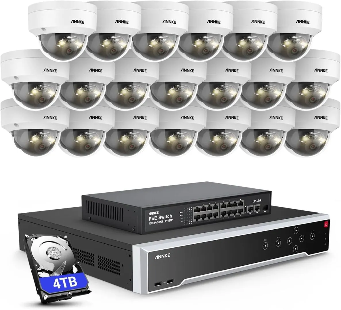 ANNKE 12MP Security Camera System, 16 Ports Expandable 32CH 12MP H.265+ NVR Recorder, 20X 12MP Color Night Vision Wired IP Dome Cams, Built-in Mic, AI Motion & 1CH Face Detection, NOT PTZ, 4TB HDD