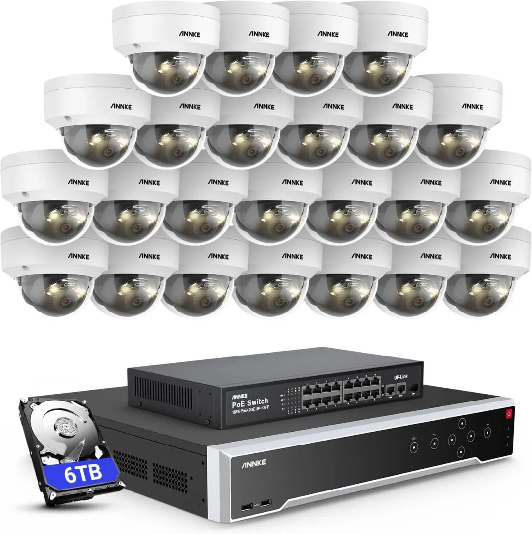 ANNKE 12MP Security Camera System, 16 Ports Expandable 32CH 12MP H.265+ NVR Recorder, 24X 12MP Color Night Vision Wired IP Dome Cams, Built-in Mic, AI Motion & 1CH Face Detection, NOT PTZ, 6TB HDD