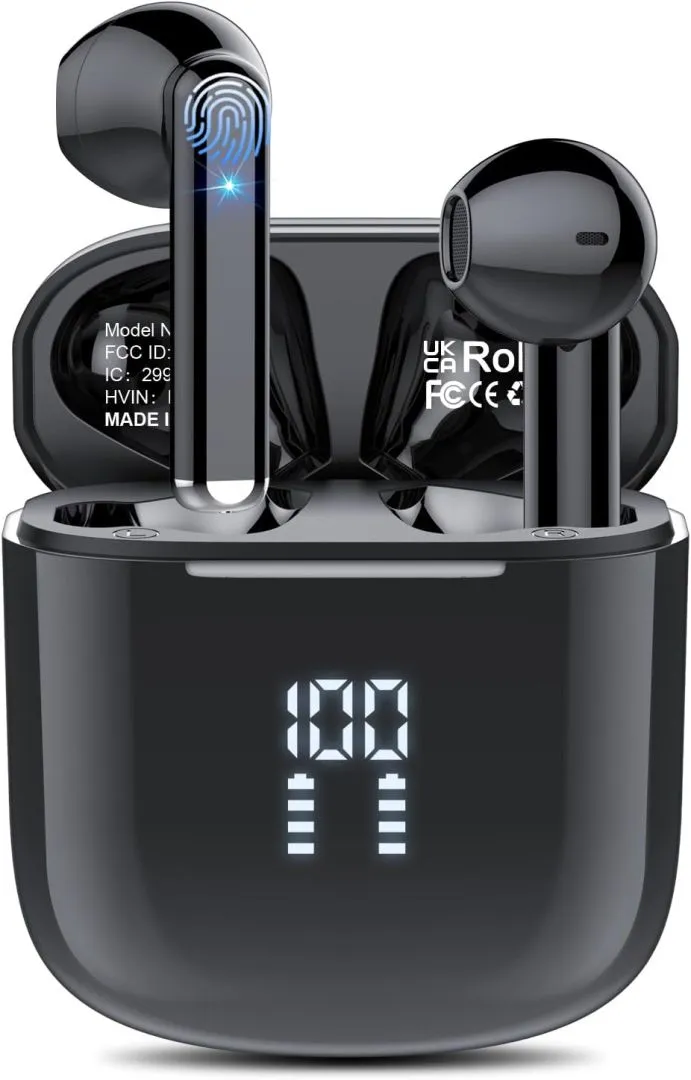 Wireless Earbuds Bluetooth 5.3 Headphones with 4-Mics Clear Call and ENC Noise Cancelling, Bluetooth Earbuds Touch Control Stereo Sound with LED Display, Waterproof Running Headphones for Workout