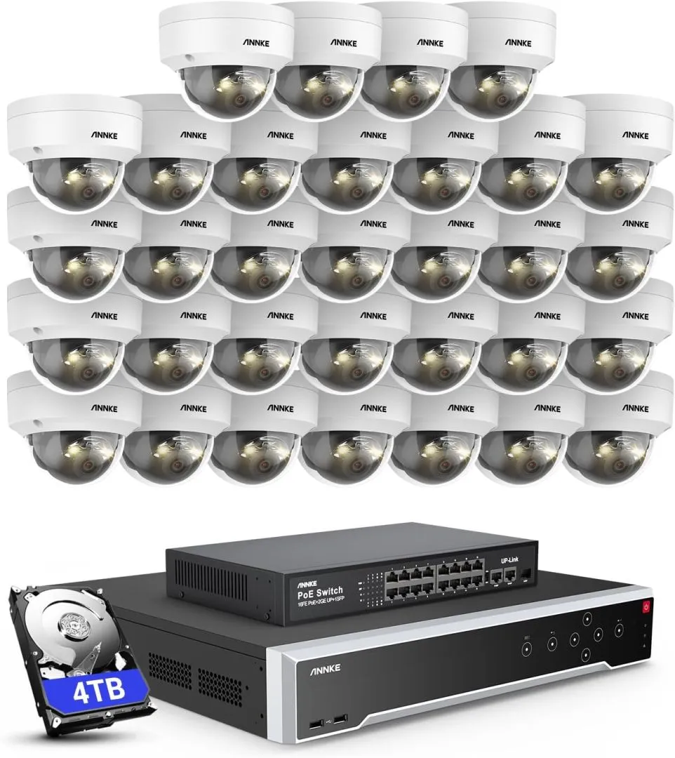 ANNKE 12MP Security Camera System, 16 Ports Expandable 32CH 12MP H.265+ NVR Recorder, 32X 12MP Color Night Vision Wired IP Dome Cams, Built-in Mic, AI Motion & 1CH Face Detection, NOT PTZ, 4TB HDD