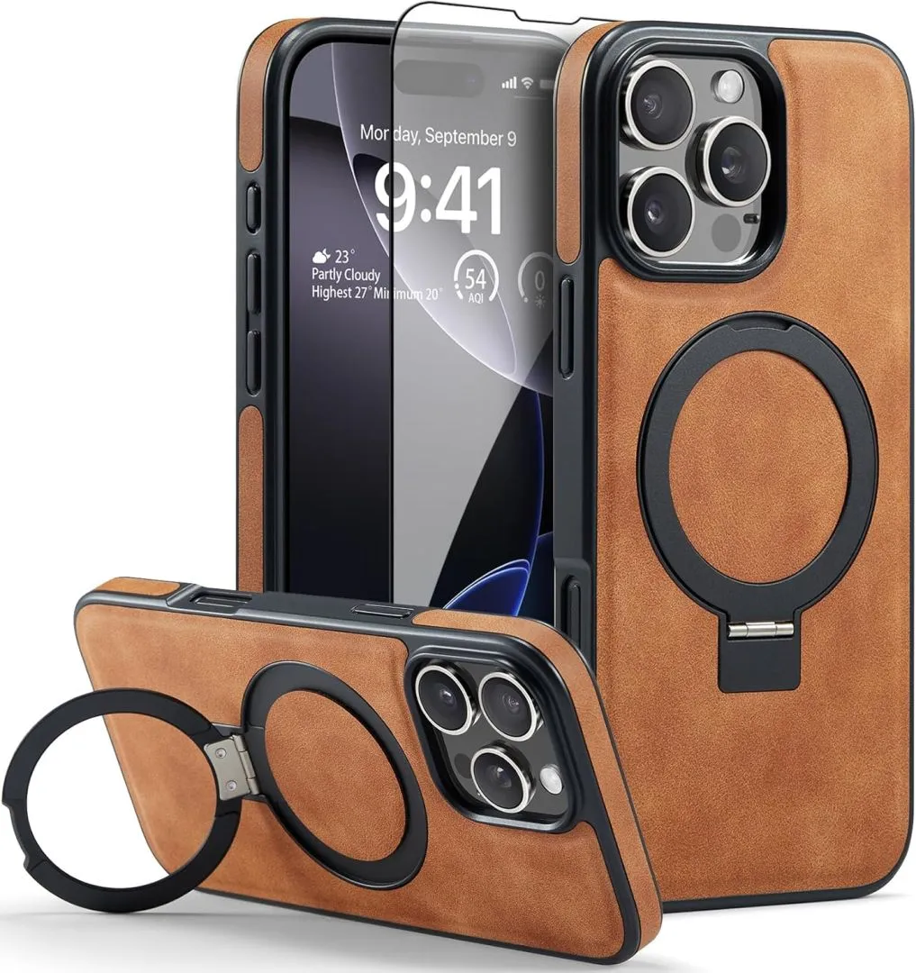 Casus Designed for iPhone 16 Pro Case Compatible with MagSafe Kickstand Vegan Leather Slim Classic Luxury Elegant Thin Protective Cover with Tempered Glass Screen Protector (2024) 6.3" (Brown)