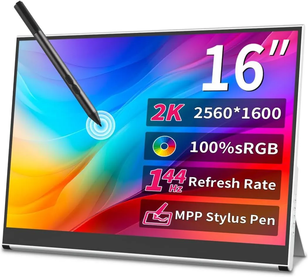 16 Inch 2K Portable Monitor Touchscreen,144hz Gaming Monitor- MPP Stylus Pen Support - HDR,1MS, 100% sRGB,IPS，VESA，Anti-Glare Eye Care Mobile Display for Laptop Mini PC Mac Game Consoles NUC