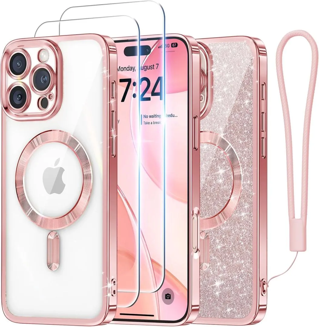 Meifigno Candy Series Case Designed for iPhone 16 Pro, [Compatible with MagSafe] [2X Screen Protectors] [Glitter Card & Wrist Strap] Full Camera Protection Designed for iPhone 16 Pro Case, Rose Gold