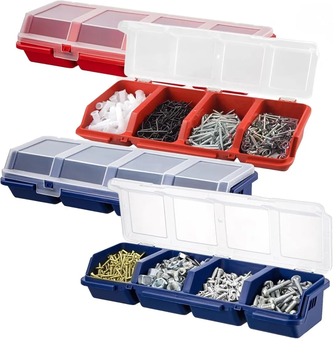 4 Pcs Screw Organizer Box with 4 Compartment, Hardware Tool Box Plastic Parts organizer, Divided Screws Organizer Box with Locks (2Blue, 2Red)