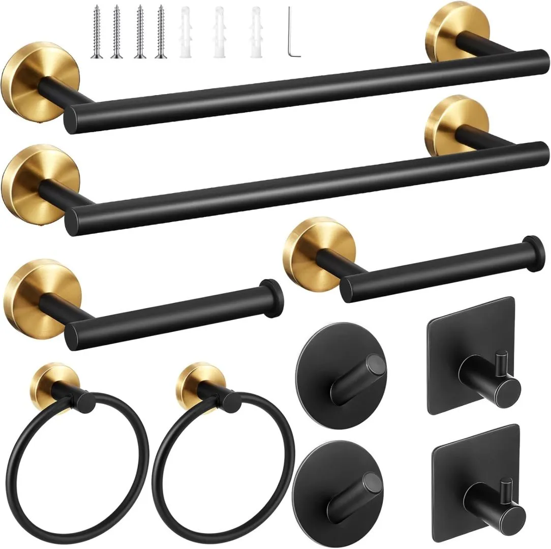 10 Pcs Matte Bathroom Hardware Set SUS304 Bathroom Hanger Set 16 Inch Hand Towel Bar Towel Holder Toilet Paper Holder Angled Hook 2 Robe Towel Hooks Wall Mounted Bathroom Accessory (Black, Gold)