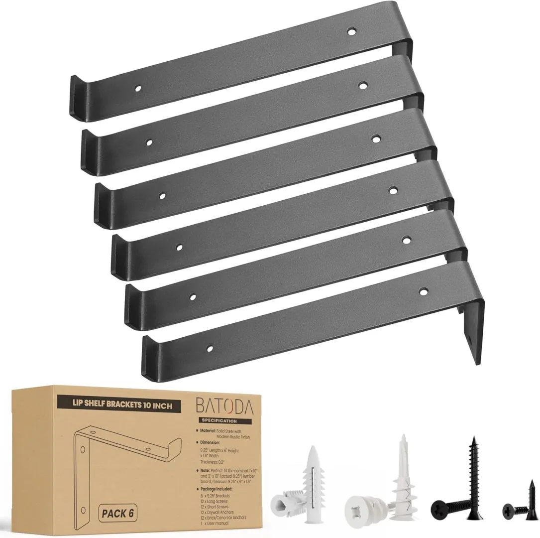 BATODA 10” Shelf Brackets with Lip (Match 9.25" Board) - 6 Pcs Z Shelf Bracket Black - Heavy Duty Hook Brackets for Shelves - Wall Mounted Support for DIY - Shelving Hardware Included (Pack 6)
