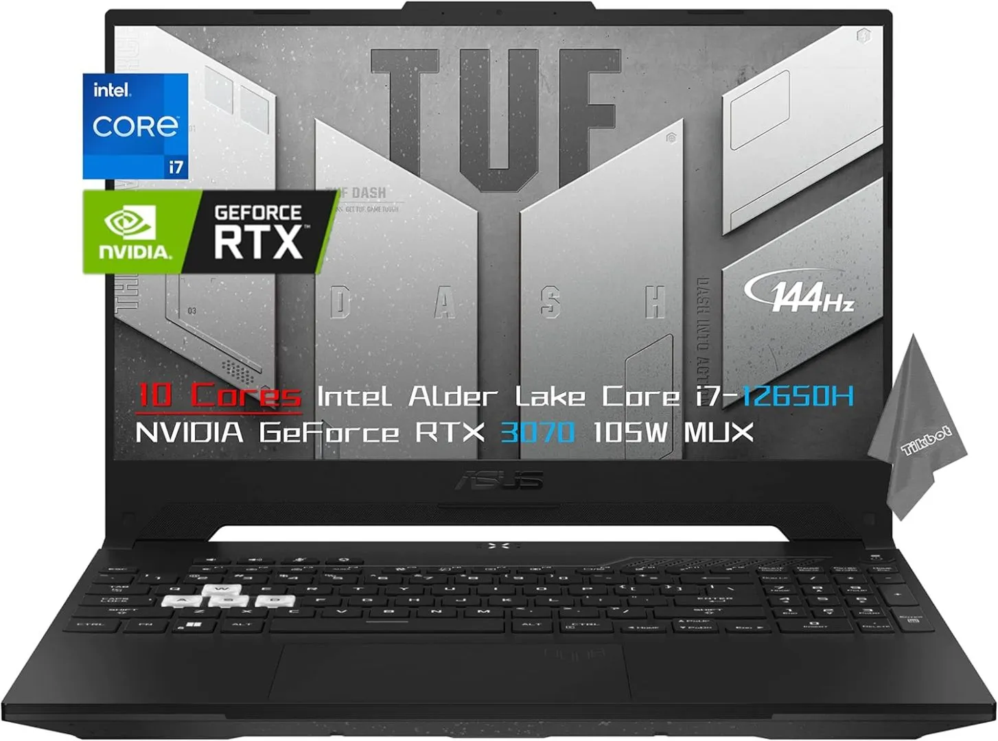 Asus 2022 TUF Dash 15.6'' 144Hz Thin Flagship Gaming Laptop, 10 Cores Intel Alder Lake i7-12650H, GeForce RTX 3070 105W MUX, 24GB DDR5, 2TB SSD, Backlit KB, Wi-Fi 6, Thunderbolt 4