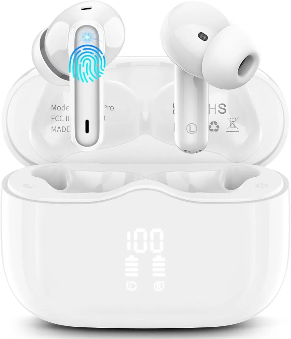 Wireless Earbuds, Bluetooth 5.3 Headphones in Ear with 4 ENC Noise Cancelling Mic, HiFi Stereo Deep Bass Wireless Earphones 40H Playtime, in-Ear Earbud Bluetooth Dual LED Display IP7 Waterproof, White