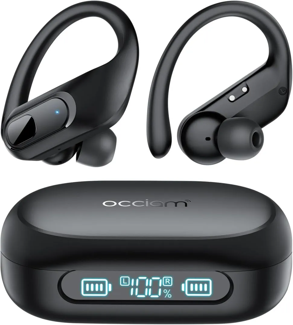 occiam Wireless Earbuds Bluetooth Headphones Ear Buds 96Hrs Playback Sport Over-Ear Waterproof Wireless Headphones Earphones with Earhooks ENC Mics Clear Call for Sport Running Workout Black