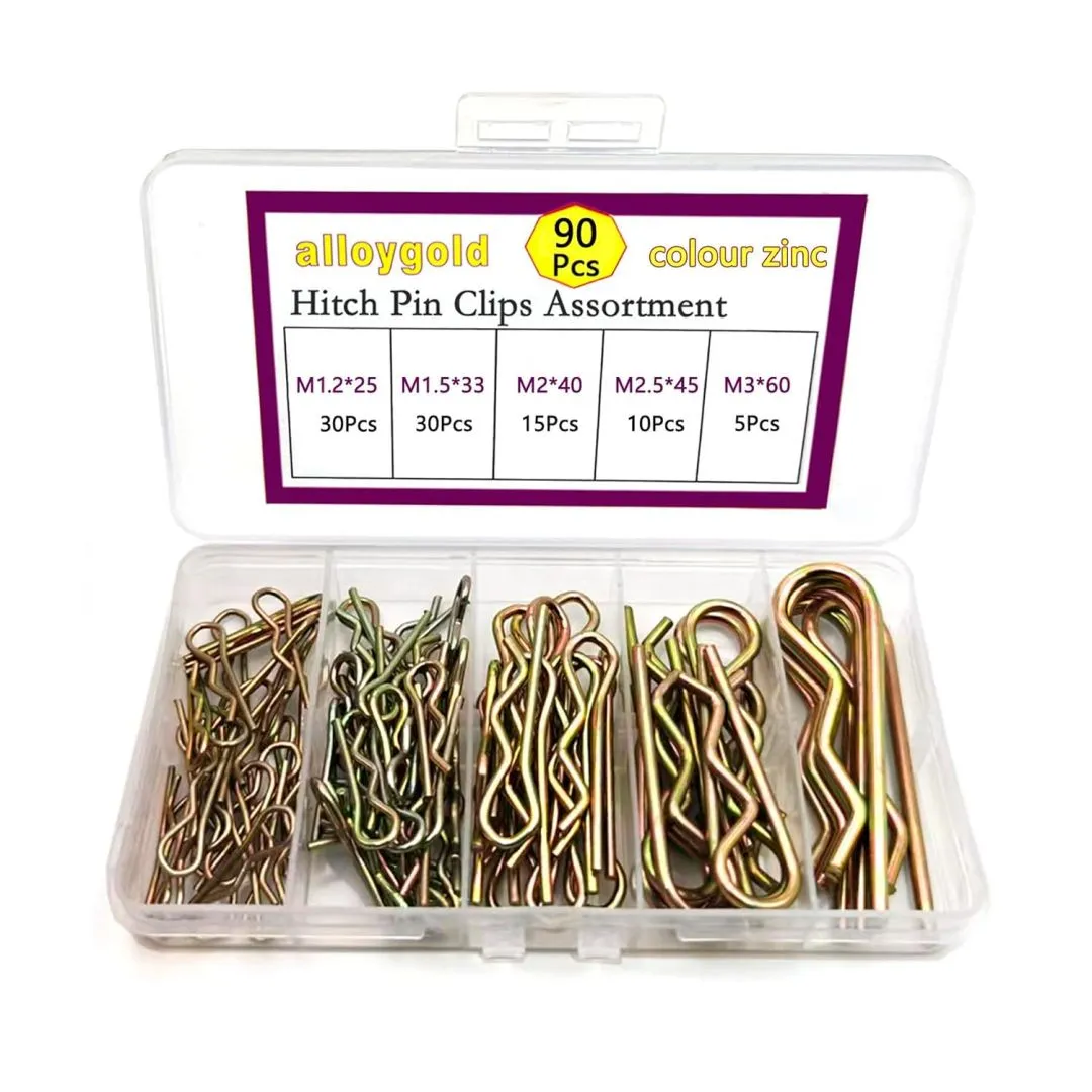 90 Pcs 5 Sizes Colour Cotter Pins R Clips Heavy Duty Zinc Plated Retainer Pins Hitch Pin Hair Pin Assortment Spring Clip Kit for Hitch Pin Lock System, Garage,Trucks, Small Engine Repair