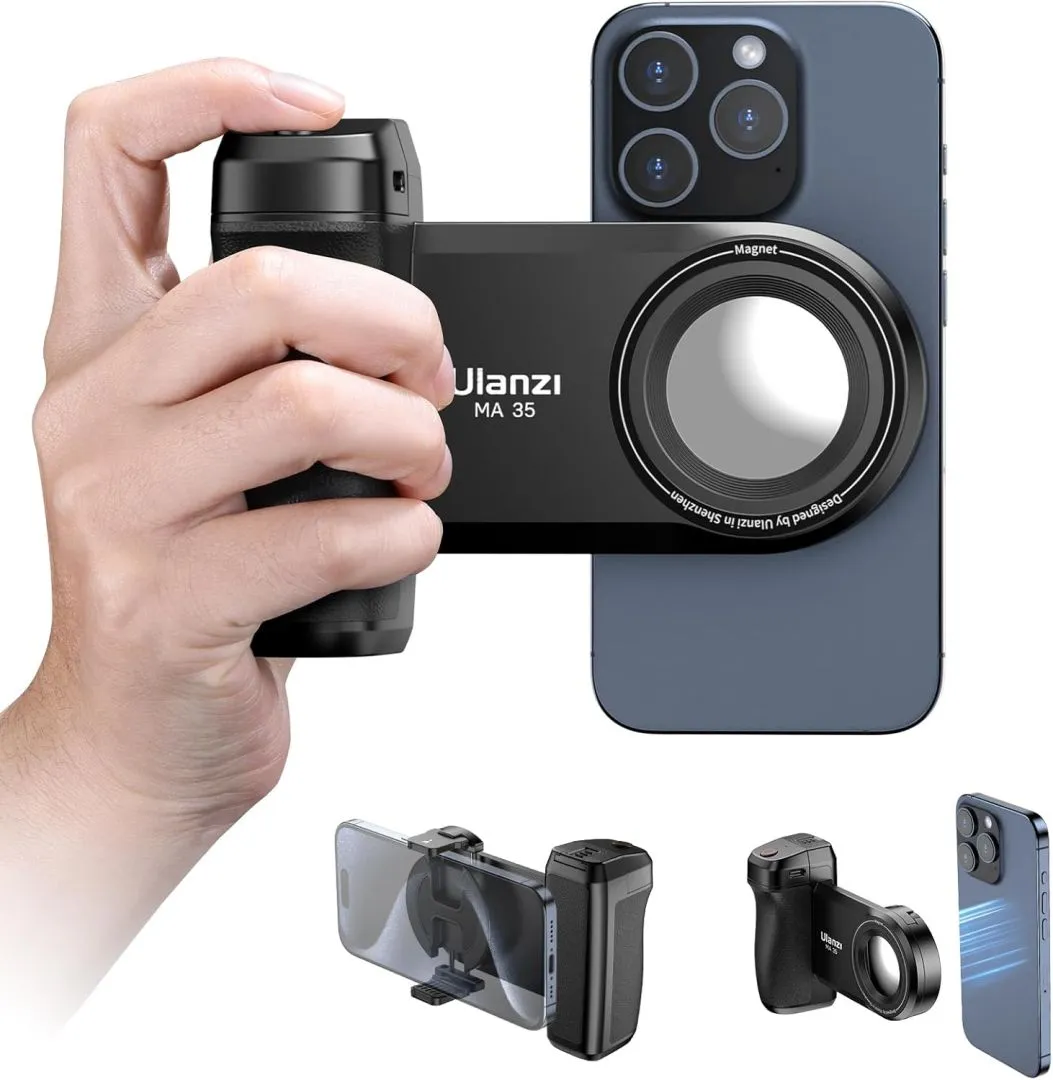 Ulanzi MA35 Smartphone Camera Shutter Grip Compatibile with MagSafe for iPhone w Wireless Remote Control Phone Clamp Holder Selfie for 1/4" Tripod Mount Cold Shoe Extension Video Shooting Acccessories