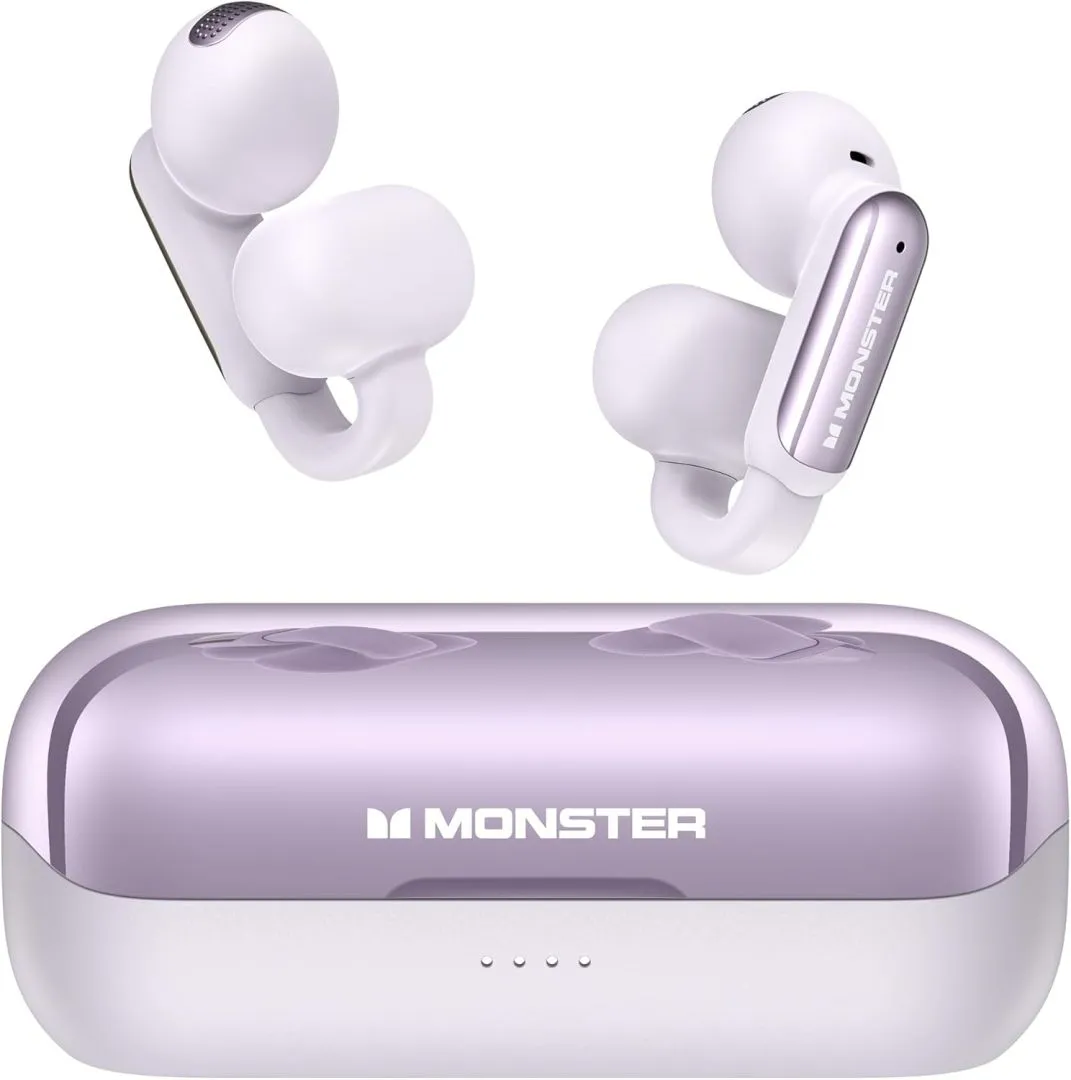 Monster Wireless Earbuds Open AC601, Comfort Clip-On Bluetooth Earbuds, Bluetooth 5.4 Open Earbuds with Environmental Noise Cancellation, IPX5 Waterproof & Touch Control Wireless Headphones (Purple)
