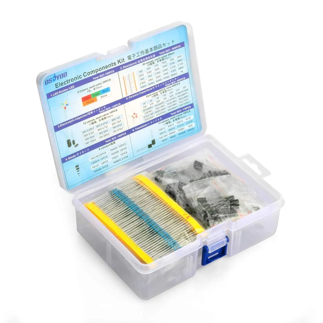 OSOYOO Electronic Component Assortment Kit(Total 1390 PCS) - Resistors, Electrolytic Capacitors, LEDs, Ceramic Capacitors, Diodes, Transistor for Arduino Raspberry Pi Mega2560