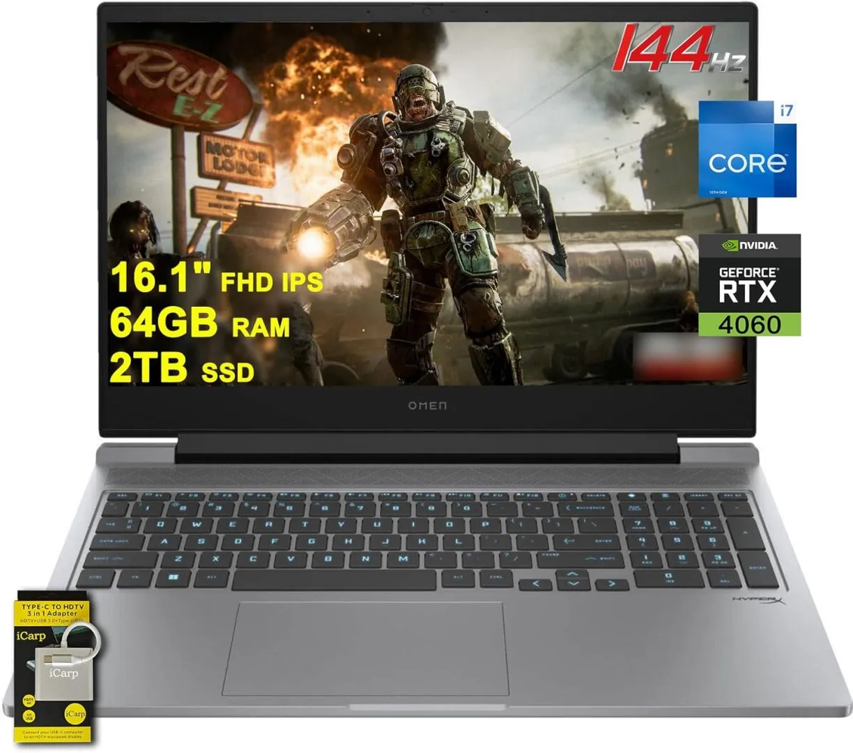 HP Omen 16 Gaming Laptop 16.1" FHD IPS 144Hz Intel 16-core i7-14650HX (>i9-13900HX) 64GB RAM 2TB SSD GeForce RTX 4060 RGB Backlit Thunderbolt FHD Privacy Camera Fast Charging Win11 w/ICP Accessory
