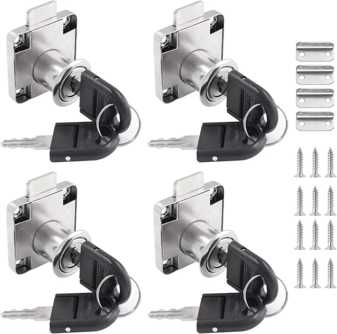 4 PCS Cylinder Cupboard Drawer Lock, Drawer Lock with Keys (Opening Diameter 0.75inch/19MM), Furniture Hardware Lock for Drawer Cabinet Cupboard Household Office Mailbox Drawer (Silver)