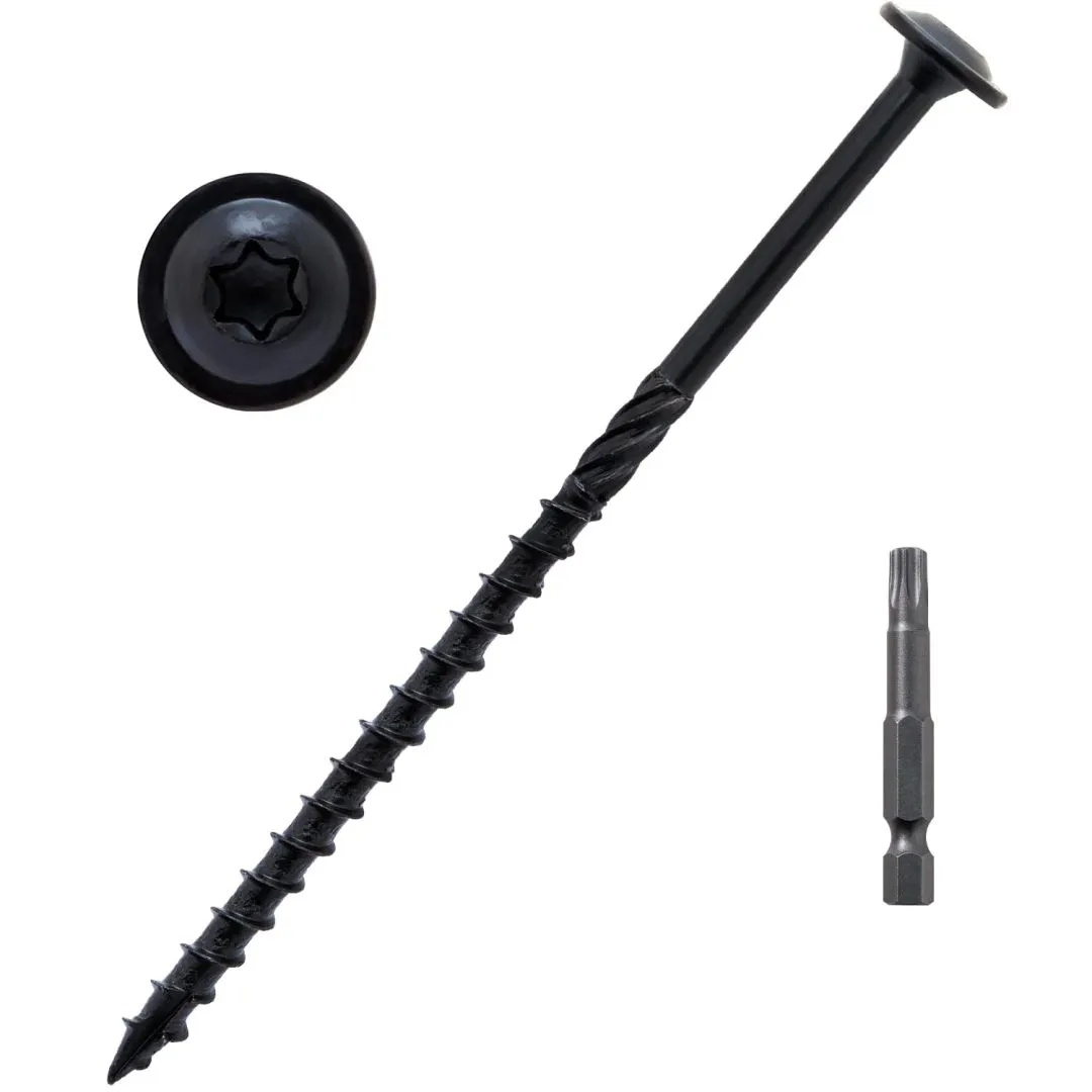 LIONMAX Lag Screws 5 Inch, Structural Wood Screw #14 x 5, 300-PCS Heavy Duty Construction Screw, Rust Resistant, Washer Head, Black Coated Exterior Wood/Lag/Timber Screws, Star Drive with Bit