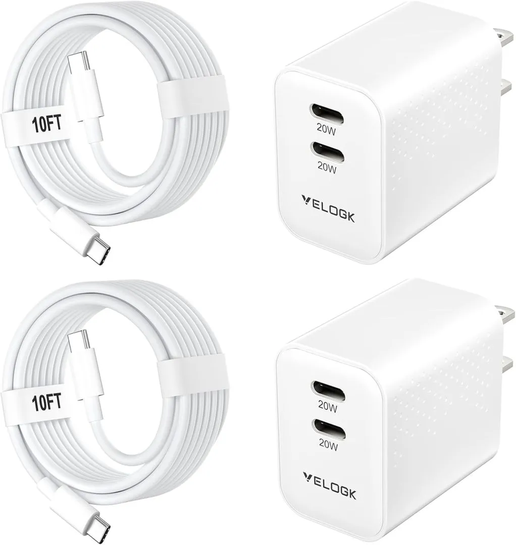 i Phone 16 15 Charger Fast Charging, 2Pack Dual Port 20W USB C PD3.0 Wall Charger Block with 10FT USB C to C Cord for iPhone 16 Pro Max /16 Pro/16 Plus/15 Pro Max /15 Pro/15 Plus, iPad Pro/Air/Mini 6