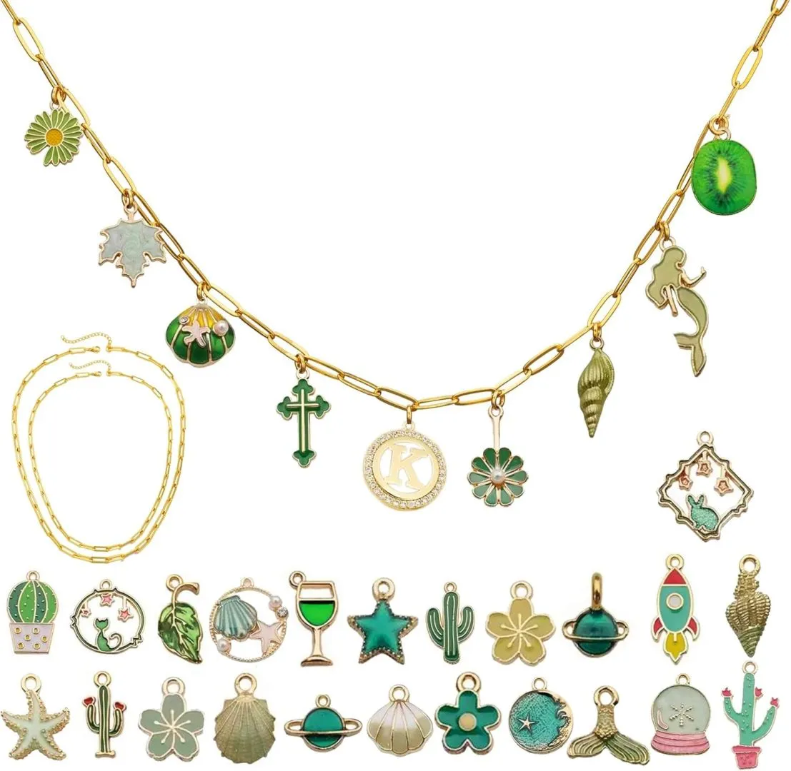 JINNIUDU 34 Pcs Handmade DIY Charm Necklace for Women,Handmade Custom Name Initial Charms,Build Your Own Charm Necklace,Personalized Jewelry Gift for Her (Green)