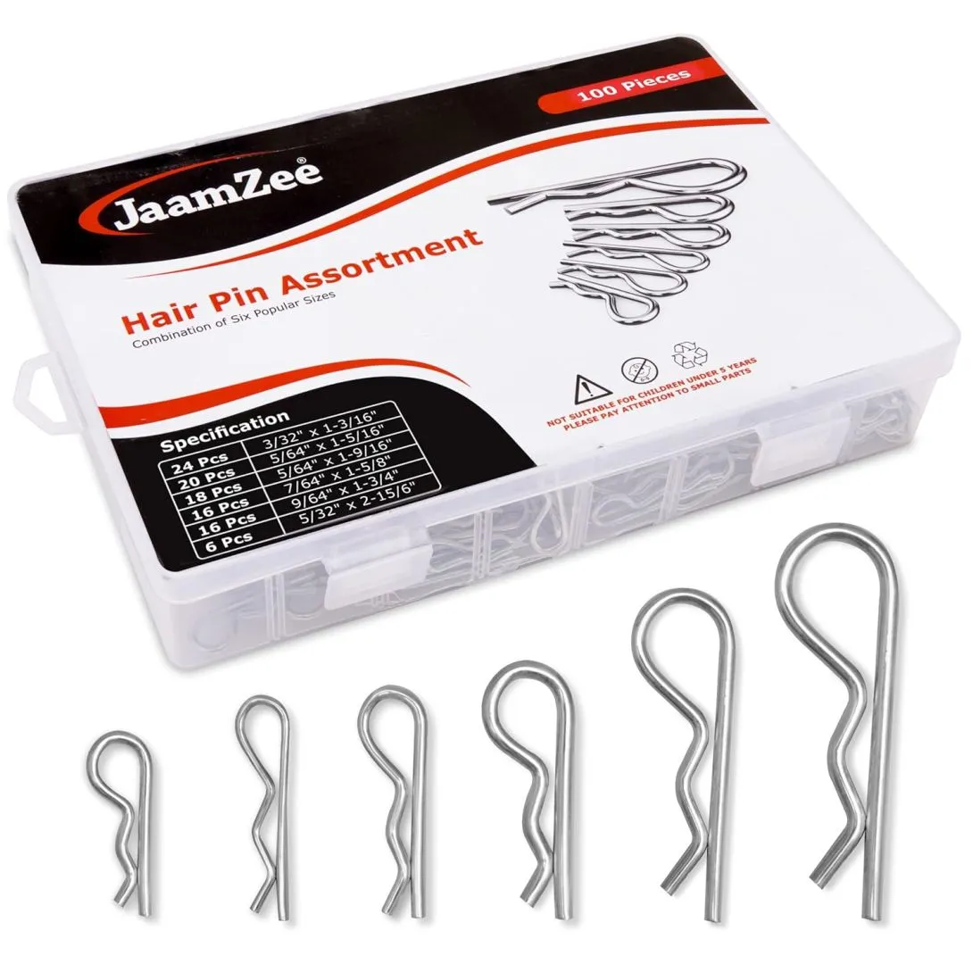 Cotter Pins 100 Pcs r pins - Sturdy & Durable Alloy Steel - R- Shaped Heavy Duty Cotter Pin Assortment Kit in 6 Different Sizes - Perfect for Mechanics, Lawn Mowers, & RV Owners