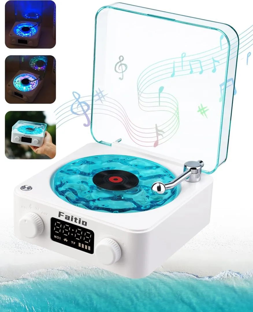 Waves Vinyl Bluetooth Speaker, Vinyl Record Player Style Speaker with Ocean Sound White Noise, Retro Bluetooth Speaker with Ambient Light, Mini Record Player Cute Speaker, Blue