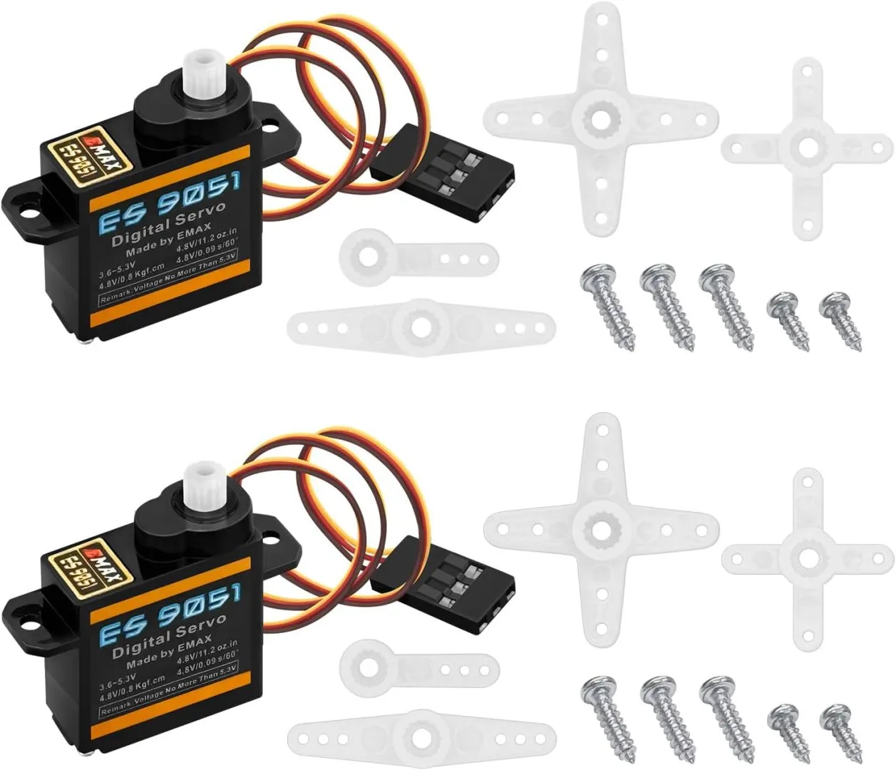 HAWK'S WORK 2 Pcs 4.8G Servo, Micro Digital Servo for Robot Arm RC Plane Helicopter Car Boat, Coreless Motor Mini Servo for STEM & Raspberry Pi Project (Emax ES 9051 II)