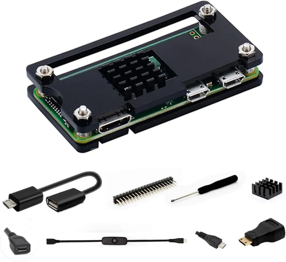 Raspberry Pi Zero 2 Case, Raspberry Pi Zero Case Kit with Pi Zero Heatsink, HDMI Adapter, Heatsink for Pi Zero W 2 / W/Pi Zero 1.3 / Pi Zero WH (Black)