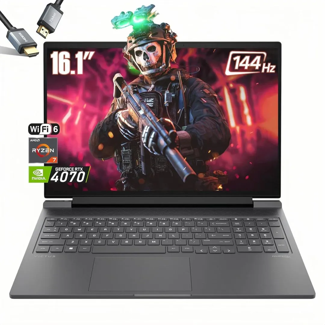 HP Victus Gaming Laptop, AMD Ryzen 7 8845HS (Beats i7-1355U), NVIDIA GeForce RTX 4070, 16.1" FHD 144Hz, Wi-Fi 6, Windows 11 Home, W/HDMI Cable (32GB RAM | 2TB PCIe SSD)