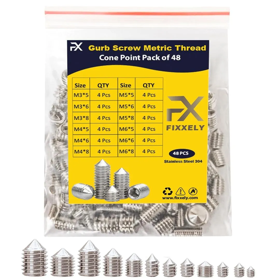Cone Point Set Screws 48 Pcs (M3,M4,M5,M6) Hex Head - Metric 304 Stainless Steel Grub Screws Assorted Sizes Ideal for Home Repairs, Bathroom Fixtures and More