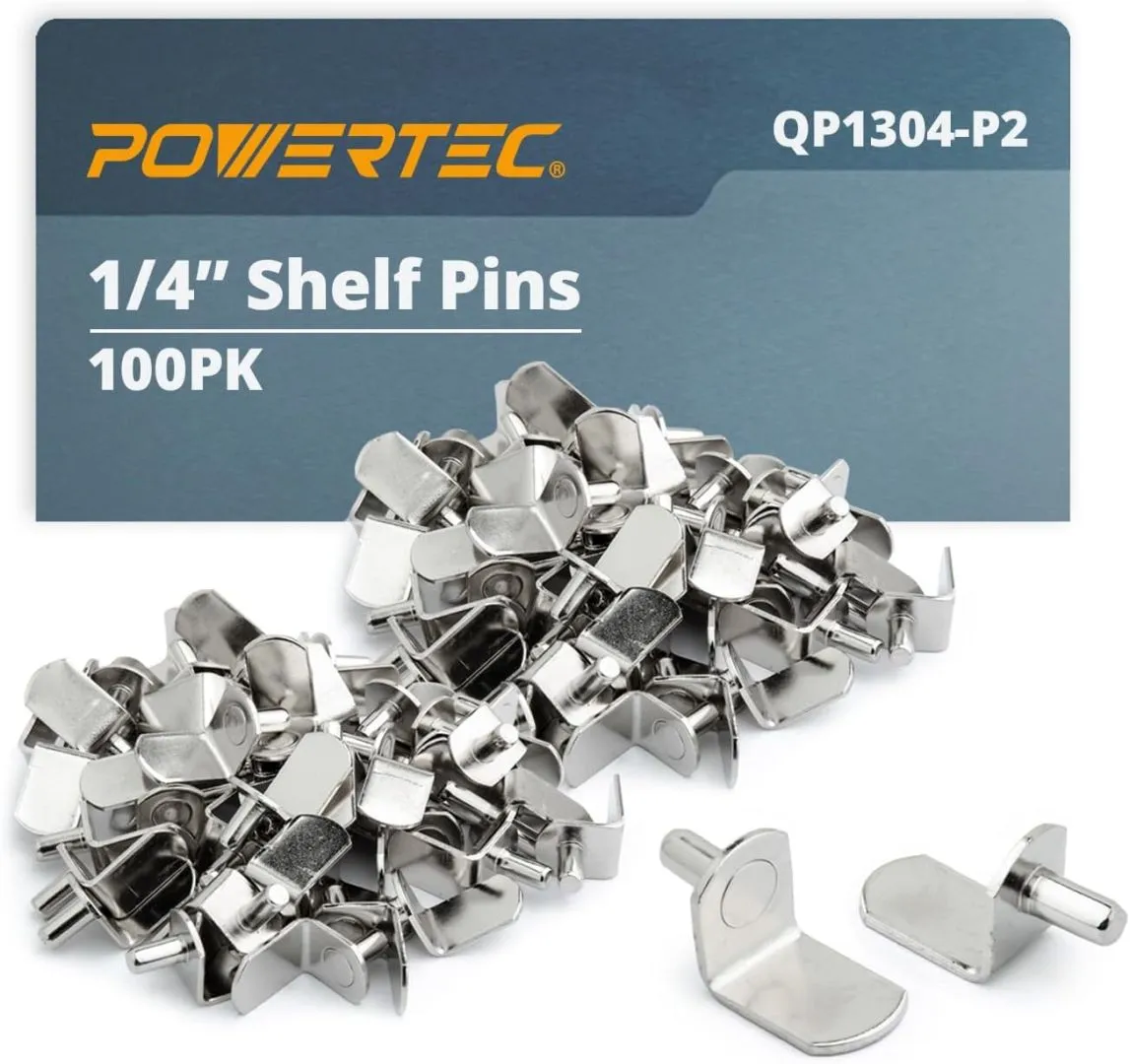 POWERTEC QP1304-P2 1/4 Inch Shelf Pegs 100 pcs, L-Shaped Bracket Shelf Pins Support Pegs for Shelves, Kitchen Cabinet Shelf, Bookshelf, Closet and Furniture, Nickel Plated Shelf Holders Pegs